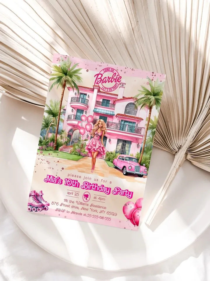 Doll Party Birthday Invitation; hot pink doll party birthday invitation editable template; cute doll girl birthday party bar12