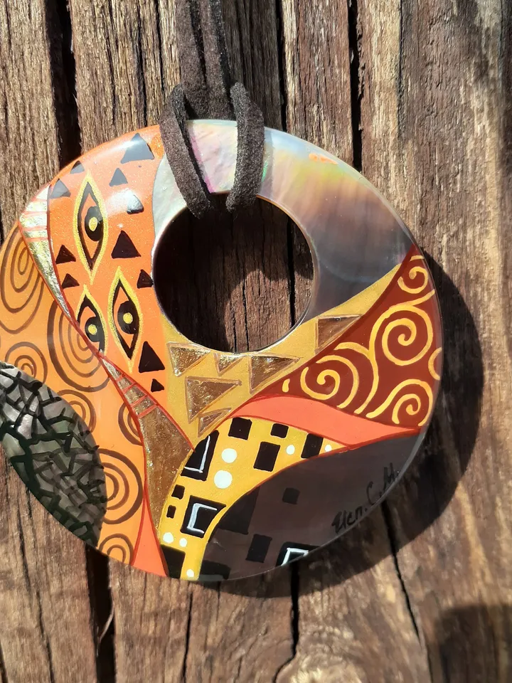 Elegant Abstraction: Mother-of-Pearl Ring Pendant with Gustav Klimt Inspired Art, Hand-painted miniatures in the style of Great Painters
