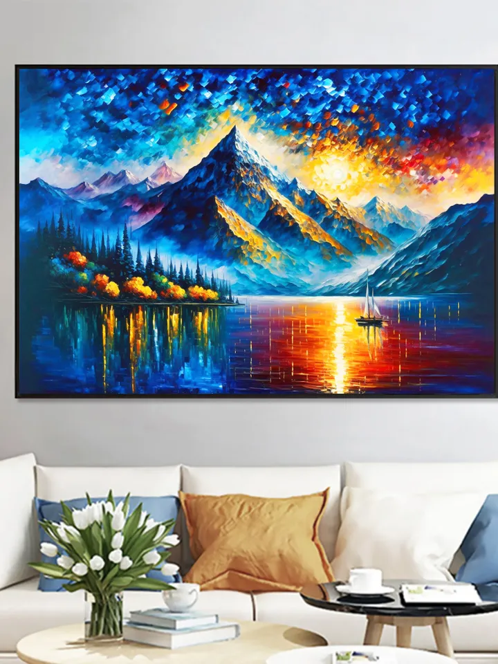 Large Original Mountain Scenery Oil Painting On Canvas, Abstract Lake View Painting, Colorful Landscape, Custom Painting, Bedroom Wall Art