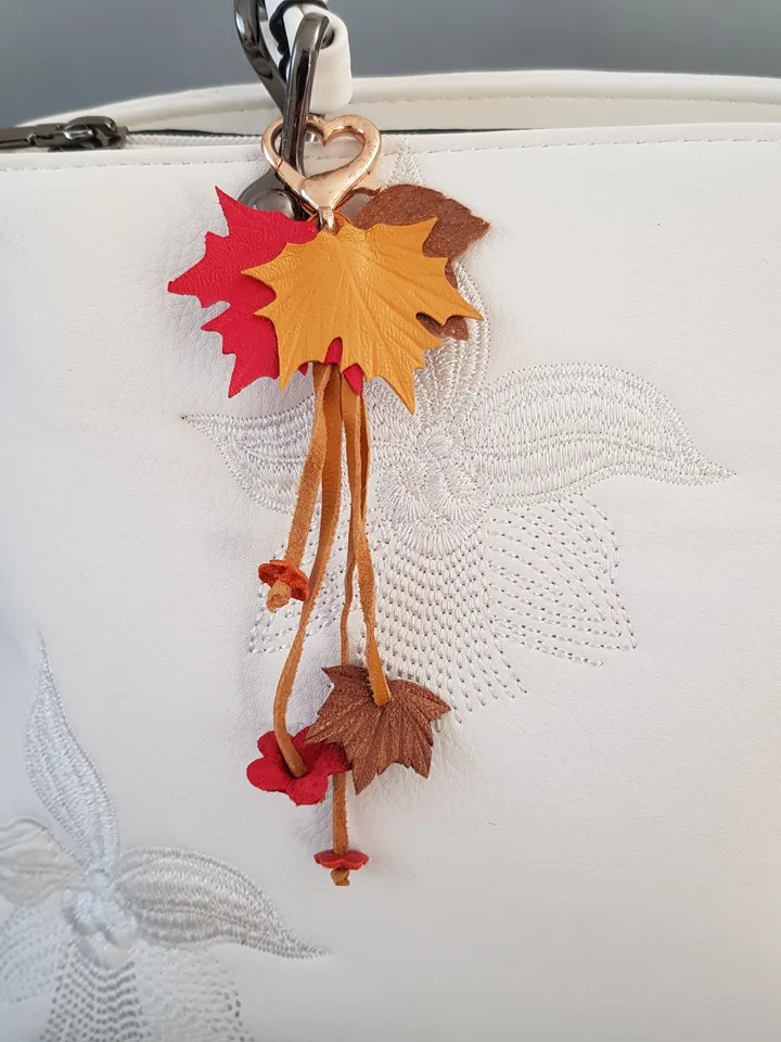 Orange maple Leaf Keychain Leather tassel charm Leather Pendant, art 9