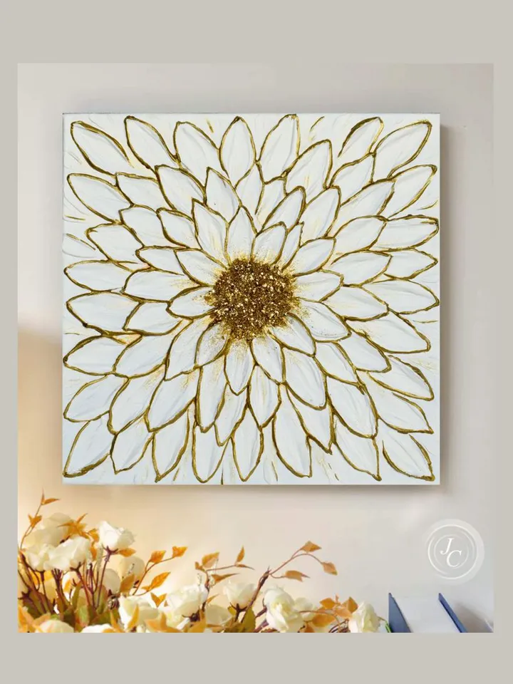 White Daisy original artwork textured painting White and gold Floral art