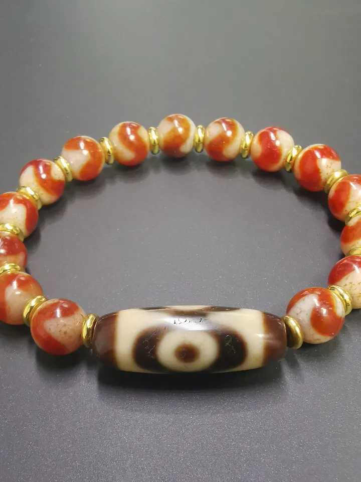 Gandhanra Tibetan Dzi Bead Bracelet,Fire Agate 3 Eyes Dzi Bead Bracelet,Protective Amulet Bead Jewelry
