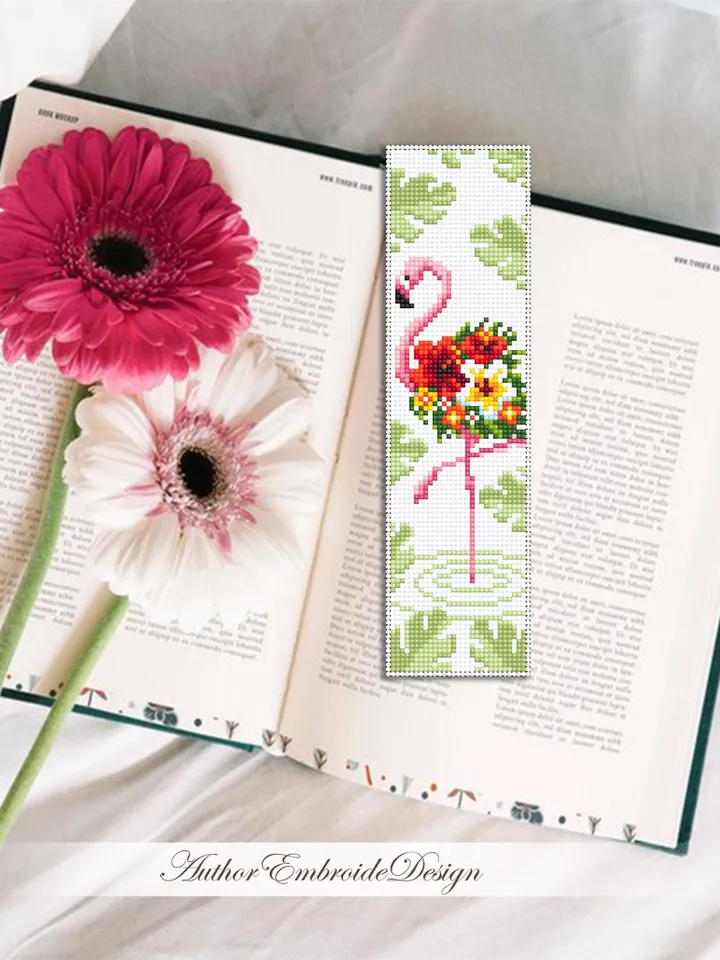 Flamingo bookmark cross stitch pattern PDF download Floral flamingo cross stitch chart, Flower bookmark pattern digital, Monstera leaf #B440