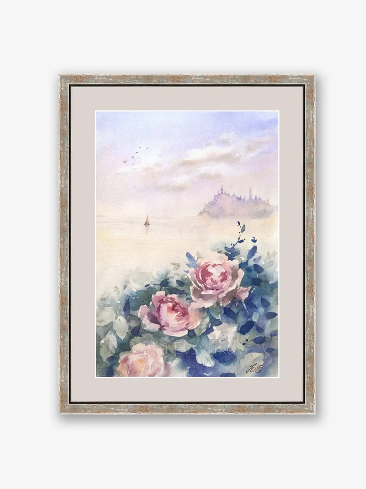 Fantasy seascape painting Original art Castle, roses and sea Watercolor by Yulia Evsyukova