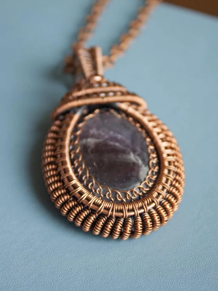 Elegant Handmade Pendant with Natural Stone in Copper Wire Wrapping
