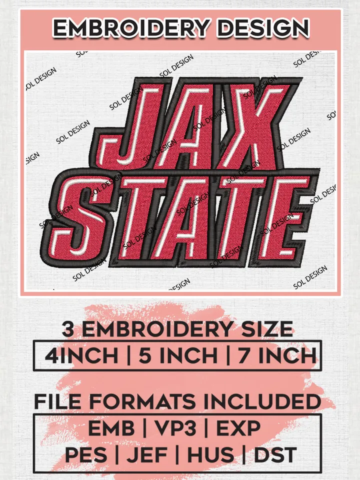 NCAA Jax State Gamecocks Team Word Logo Embroidery Design Files, NCAA Jacksonville State Gamecocks Machine Embroidery, NCAA Teams, Game Day, 3 sizes, NCAA Machine embroidery designs, Digital Download