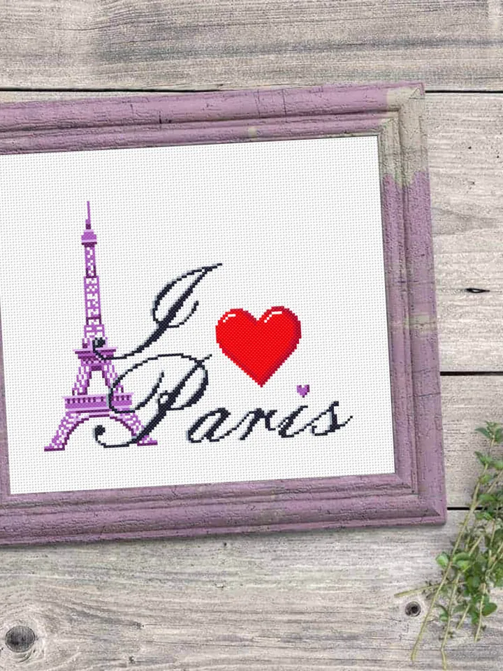 I love Paris cross stitch pattern download PDF Eiffel tower cross stitch chart, Easy beginner embroidery PDF, Paris decor, Heart Paris #E16