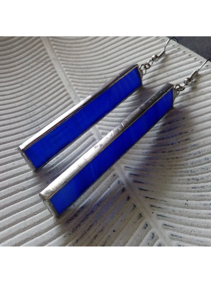 Glass blue geometric earrings, Simple Stained glass, rectangle earrings, Minimalist earrings, Dangle minimalism earrings