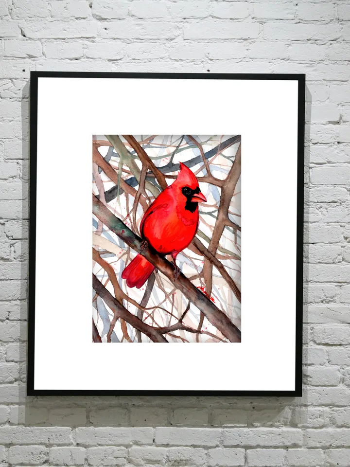Red Cardinal Bird Watercolour, bird painting, wall decor, birds lover gift, 8x11 in handmade art by Anne Gorywine