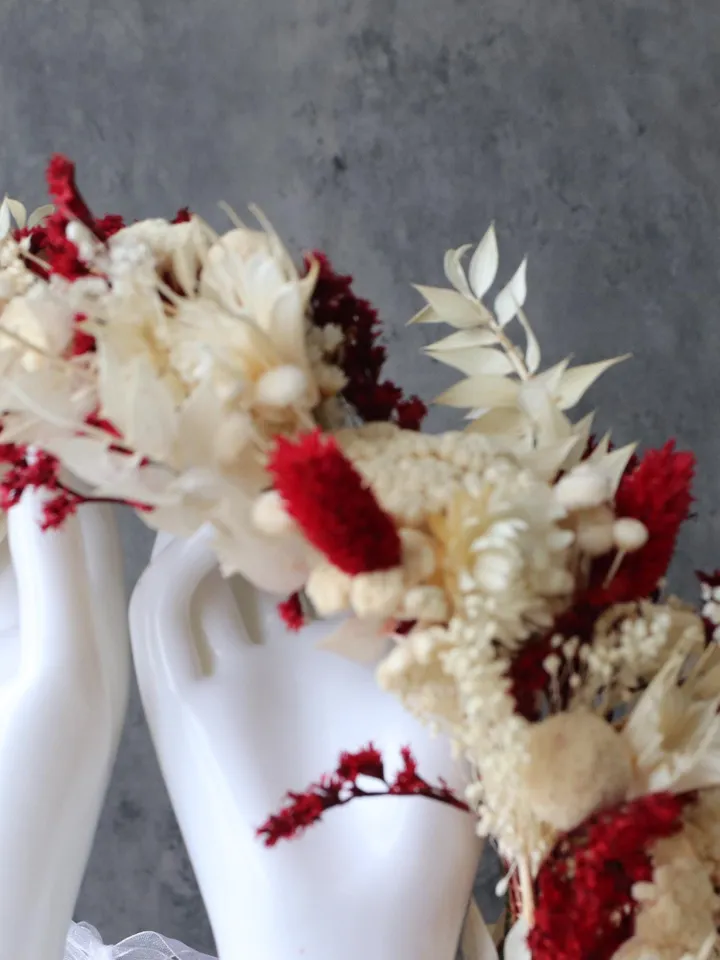 Natural Dried Flower Wedding Crown & Bouquet Set, Wedding Hair Accessories, red wedding crown, elegant flower crown