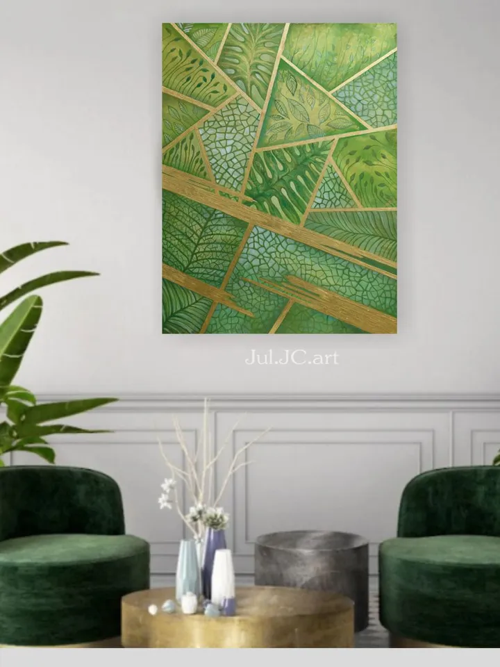 Green and Gold Abstract Wall Art Chartreuse Original art Floral Painting Botanical Art Green leaves art