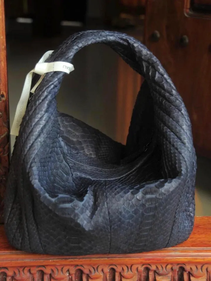 Medium Soft Hobo Classy Sport Woman Stitched Bag | Purse Genuine Python Skin | Dewi blue Big Elegant Leather Designer Soft Bag Snake |