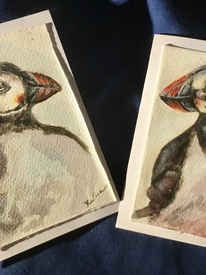Puffins greeting cards,handpainted watercolour cards,original watercolour paintings,unique handmade gifts,small birds watercolor paintings .