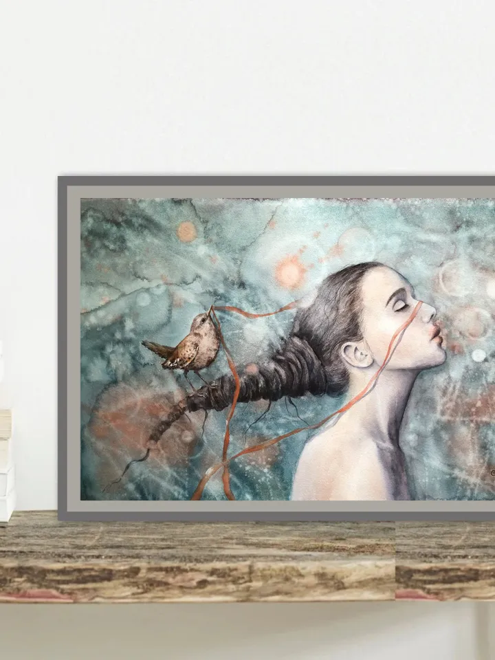 Woman Painting Original Woman with Bird Artwork Girl Watercolor Painting