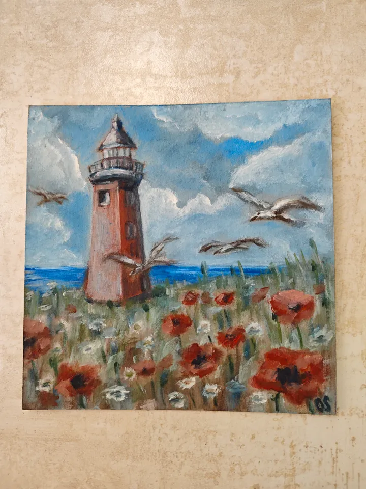 Lighthouse Landscape Original Painting Old Lighthouse Sea Coast Original Art Lighthouse Sea Modern Artwork Old Lighthouse Seascape Wall Decor 8x8 inches by OlgaSokolovaArt