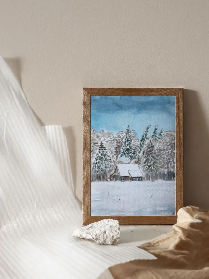 House in the winter forest original watercolour painting wall art hand painted