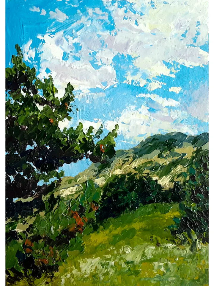 Pine Tree Original Oil Painting Small Landscape Impasto Wall Art.