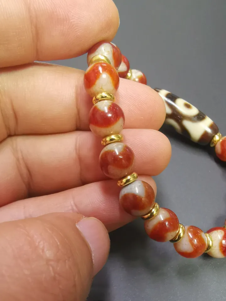 Gandhanra Tibetan Dzi Bead Bracelet,Fire Agate 3 Eyes Dzi Bead Bracelet,Protective Amulet Bead Jewelry
