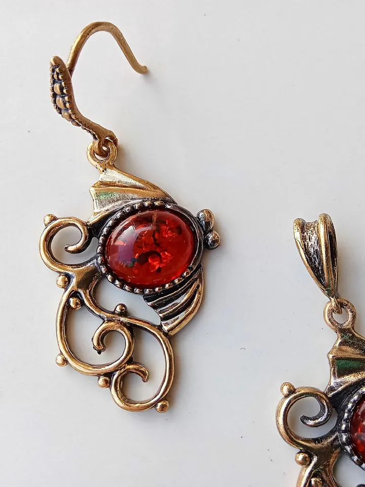 Fish Dangle Earrings and Pendant Gold Baltic Amber Jewelry Set Pisces Gift for Her Women's Jewelry red funny vintage style