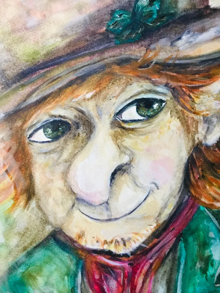 Funny Leprechaun with a pot of gold painting,good luck painting,original watercolour painting wall art,humorous painting,funny portraits.