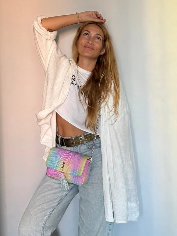 Genuine python skin midi crossbody bag unicorn rainbow color, summer bright crossbody, elegant classy crossbody purse genuine leather