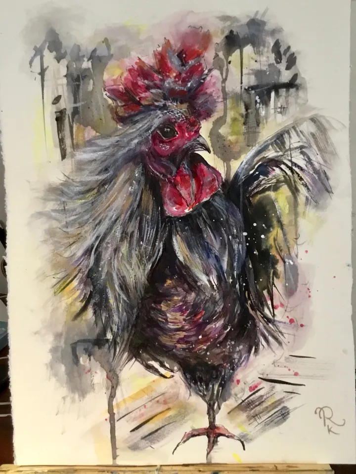 Silver rooster original watercolour mix media artwork on watercolour paper,birds painting watercolour,home decoration wall art,gift