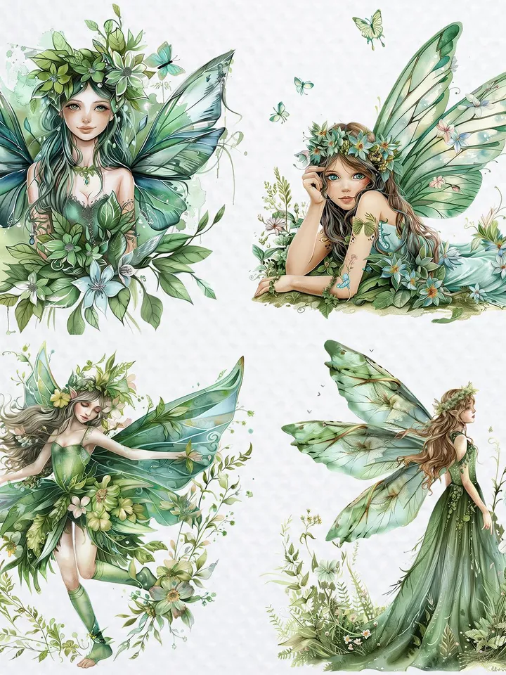 22 Forest Fairy PNG Bundle, Green Fairies Watercolor clipart for sublimation, High Quality PNGs, Digital download, Paper craft, junk journal