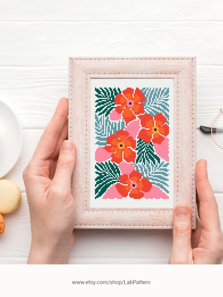 Bundle of 6 mini contemporary Flowers Cross stitch patterns Abstract floral Plant beginner counted modern chart DIY embroidery instant PDF