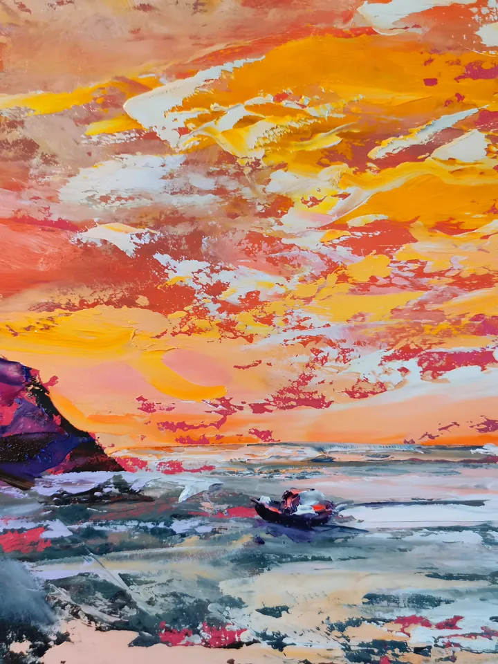 Mountains Sea Ship Bright Sunset Original Art Oil Painting Artist Svinar Oksana