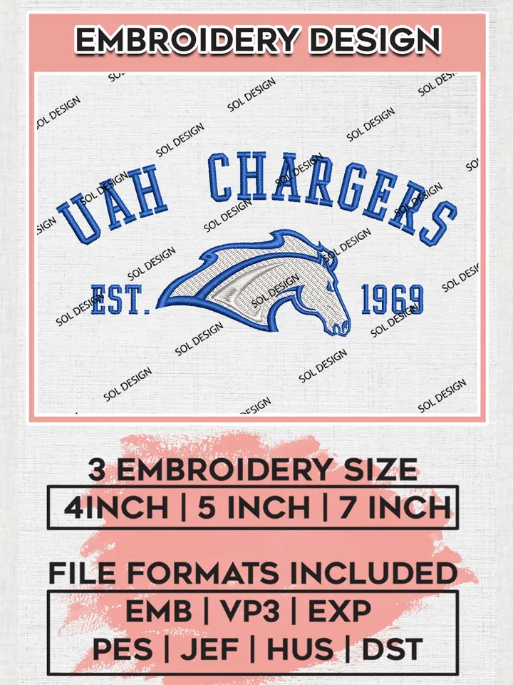 NCAA UAH Chargers Est 1969 Team Logo Embroidery Design Files, NCAA Alabama Huntsville Chargers Machine Embroidery, NCAA Teams, 3 sizes, NCAA Machine embroidery designs, Digital Download