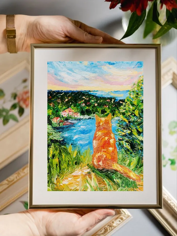 Textured oil painting "A red cat above eternal rest", 15x20*0.2 cm., 5,906x7,87 inches, 3d, impasto