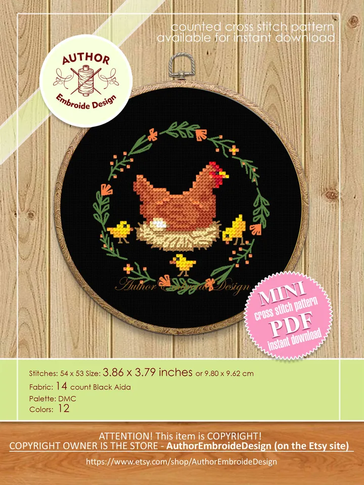 Hen and Chicks cross stitch pattern PDF download Chicken cross stitch chart Small chicken decor for cross stitch beginner, Chicken gift #K27