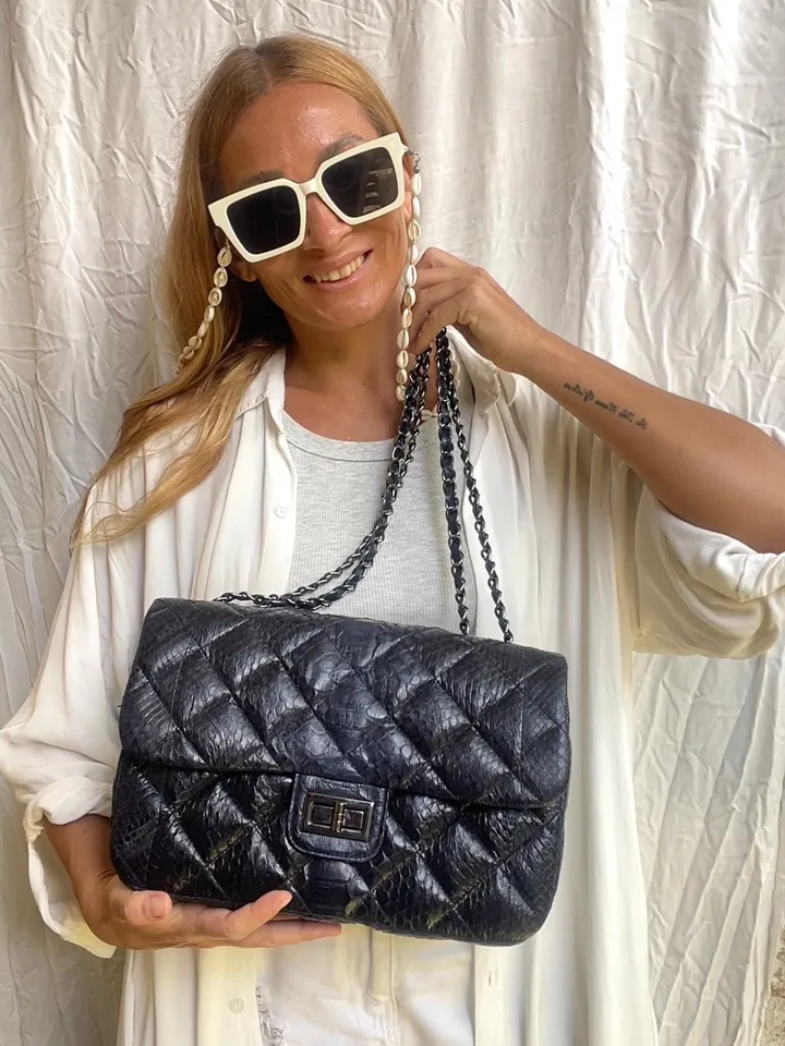 Genuine python skin classy stitched big blue crossbody | designer women leather handbag | snakeprint bag | crossbody purse | gift for her