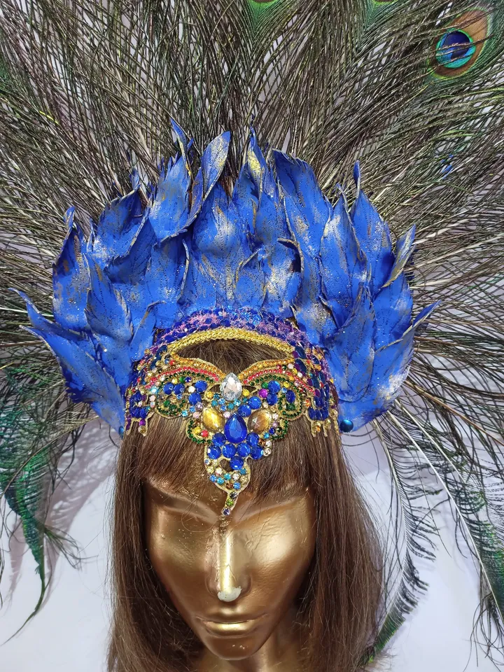 feather headdress, party crown, carnival headdress, brazilian headdress, crown, peacock feathers, peacock feather crown, peacock tail