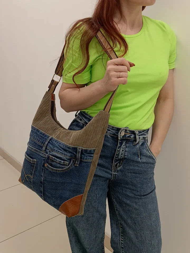 Hobo denim shoulder bag, corduroy crossbody bag, recycled denim handmade bag