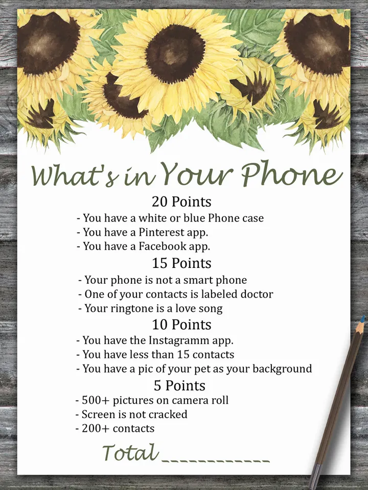 Sunflower What's in Your Phone Birthday Party Game,Adult Birthday party game printable-fun games for her-Instant downloa
