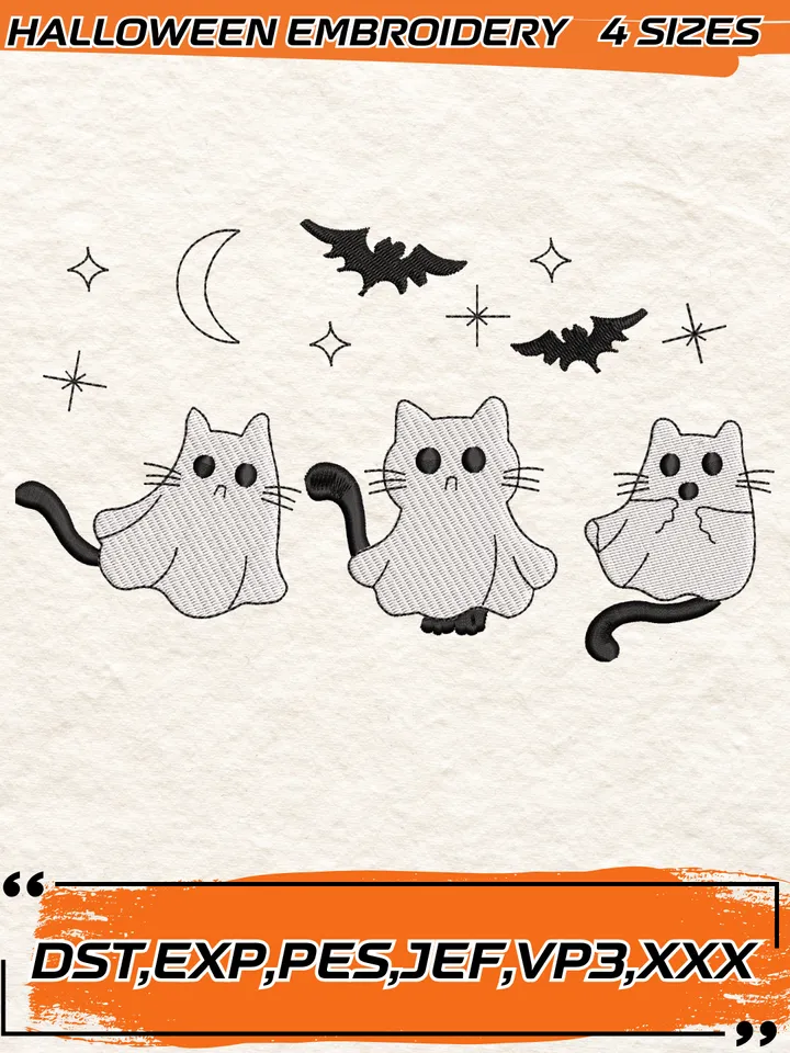 Cat Ghost Embroidery Design,Halloween Embroidery Design,4 Sizes, Digital Download