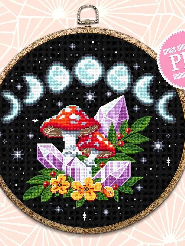 Moon phases cross stitch pattern download PDF Magic mushroom crystal cross stitch chart, Amanita mushroom cross stitch, Starry night #H52