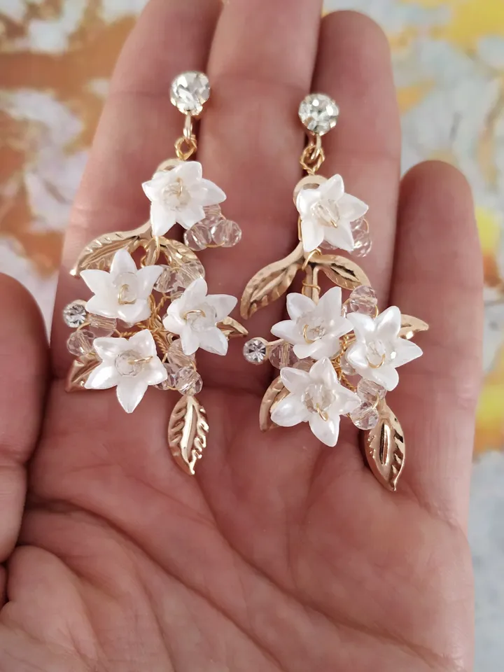 Porcelain Flower Wedding Earrings , Gold Floral Bridal Earrings, Gold Chandelier Statement Earrings For Bride, Bridesmaid Gift, Jewelry
