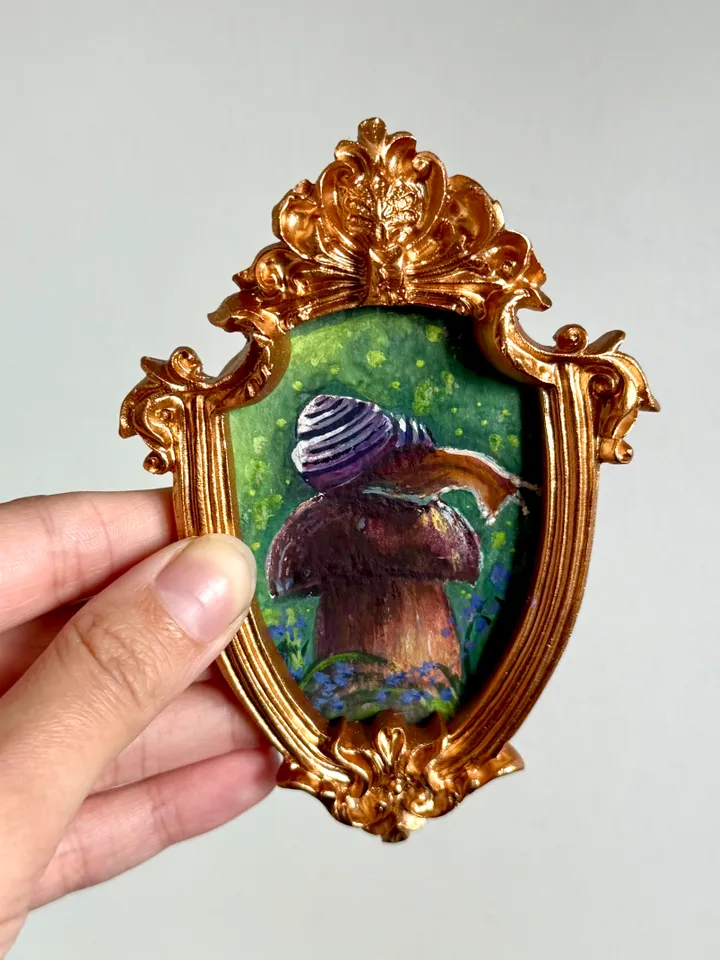 Snail Painting Original In Vintage Style Frame Small Framed Gobllincore Painting Art Slug Art Snail On Mushroom Portrait