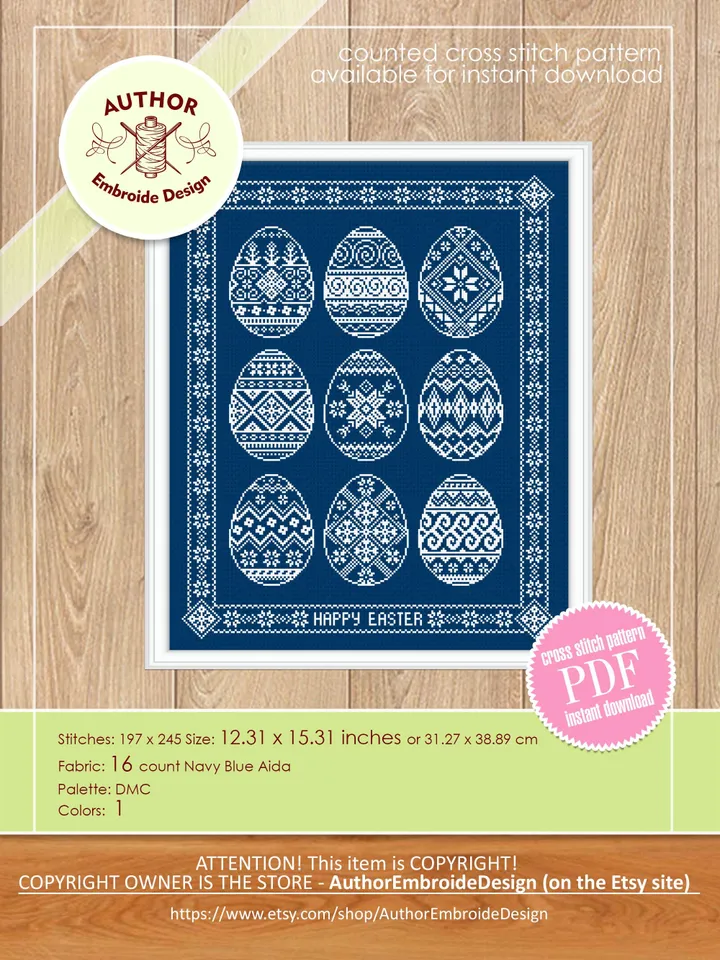 Easter eggs cross stitch pattern PDF download Monochrome sampler cross stitch chart, Easter pattern digital PDF, Egg ornament folk #T43