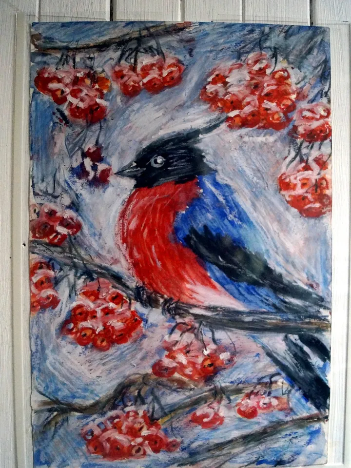 Oil pastel painting "Bullfinch and berries"