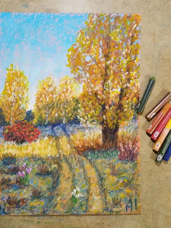 Oil painting in pastel. The rich gold of autumn