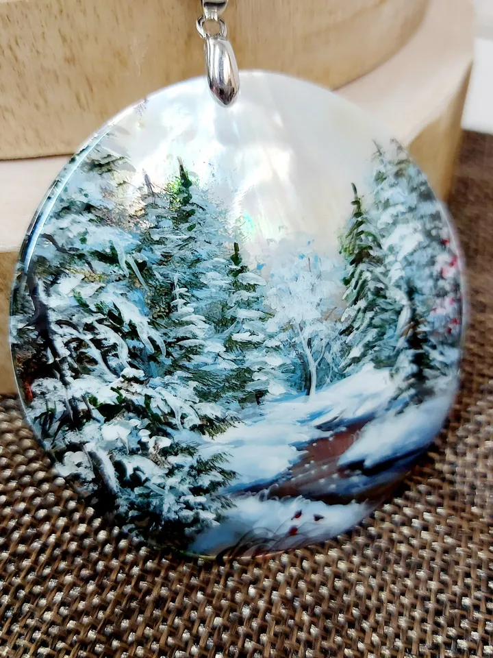 Mother-of-pearl pendant "Winter. River in winter". Miniature on the sink. Hand-painted jewelry. An artistic gift from Fedoskino