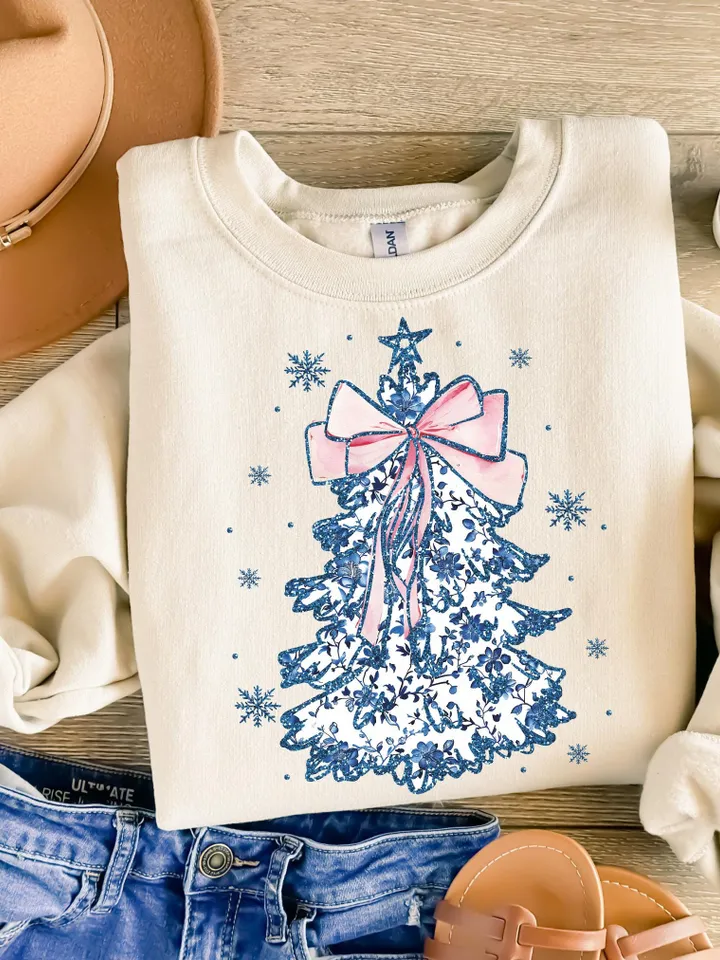 Coquette Glitter Chinoiserie Christmas Tree Png, Coquette Blue Christmas Png, Christmas Toile Png, Blue Floral Bow, Preppy Christmas Png