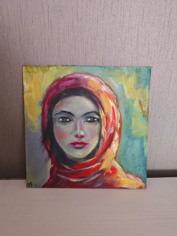Girl Portrait Original Painting Girl In Red Scarf Original Art Girl In Red Scarf Modern Artwork Girl In Red Scarf Wall Decor Woman In Scarf Oil Painting 6x6 inches by OlgaSokolovaArt