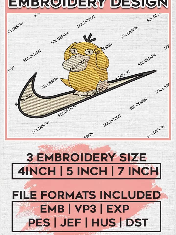Nike Psyduck Embroidery Design, Pokemon Embroidery File, Anime Embroidery Design, Machine Embroidery, Instant Download EMB_ANIME_150