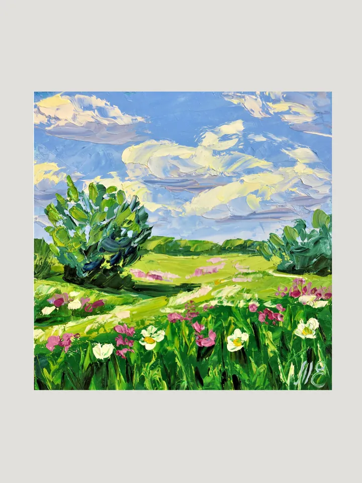Original Oil Painting Green Field with Flowers and Blue Sky Palette Knife Art Blooming Meadow with Clouds on Blue Sky Mini Artwork