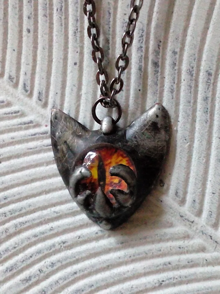 CAT necklace, cat eye tin soldered pendant, cat lovers jewelry, Halloween necklace, witchy aesthetic, goth bat pendant