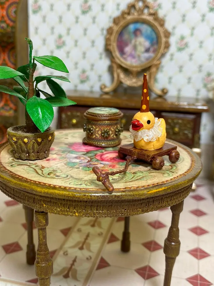 Mini duck on a cart. Vintage toy for a doll. 1:12. Dollhouse miniature. Handmade.